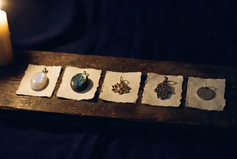 Editorial still life of five pendants arranged on paper over dark wood