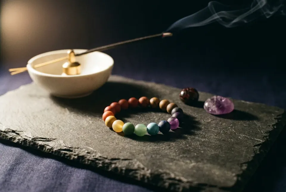 Seven-stone chakra bracelet coiled on weathered slate beside loose garnet and amethyst