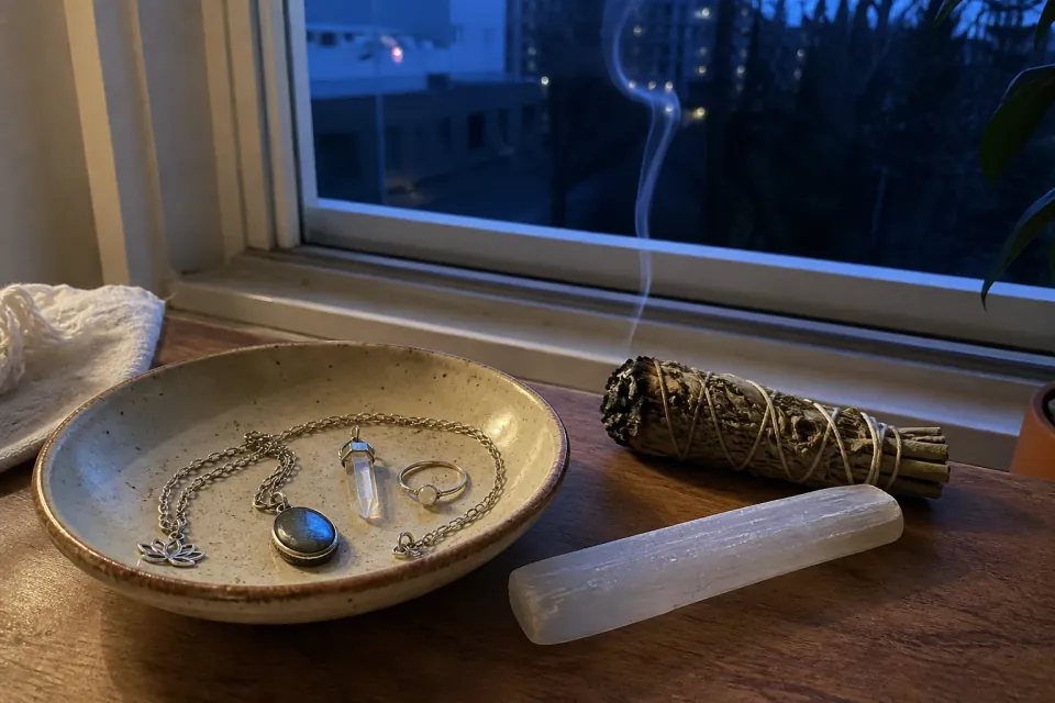 Hands cleansing crystal jewelry with sacred smoke beside an open window