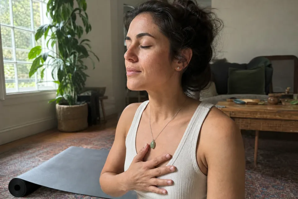 Woman resting one hand over a crystal pendant after yoga