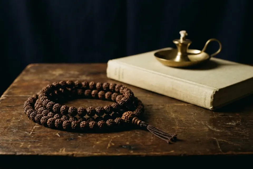 Rudraksha mala coiled on dark wood beside a closed cloth-bound book and a brass oil lamp
