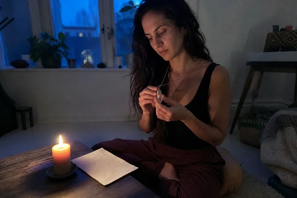 Woman holding a crystal pendant during a blue-hour manifestation ritual