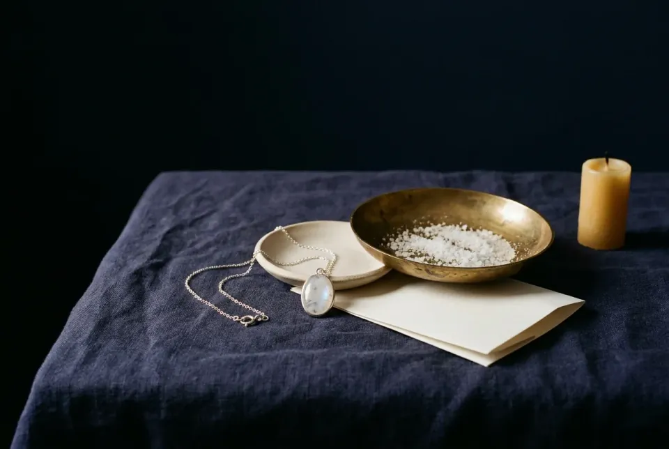 Silver moonstone pendant on a ceramic dish beside a dry salt bowl, folded blank paper and unlit beeswax candle