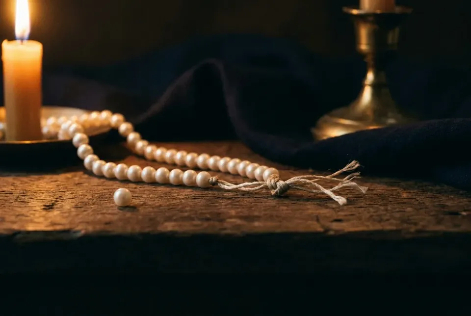 Snapped strand of pearl-white beads scattering across dark wood, cord still knotted at one end