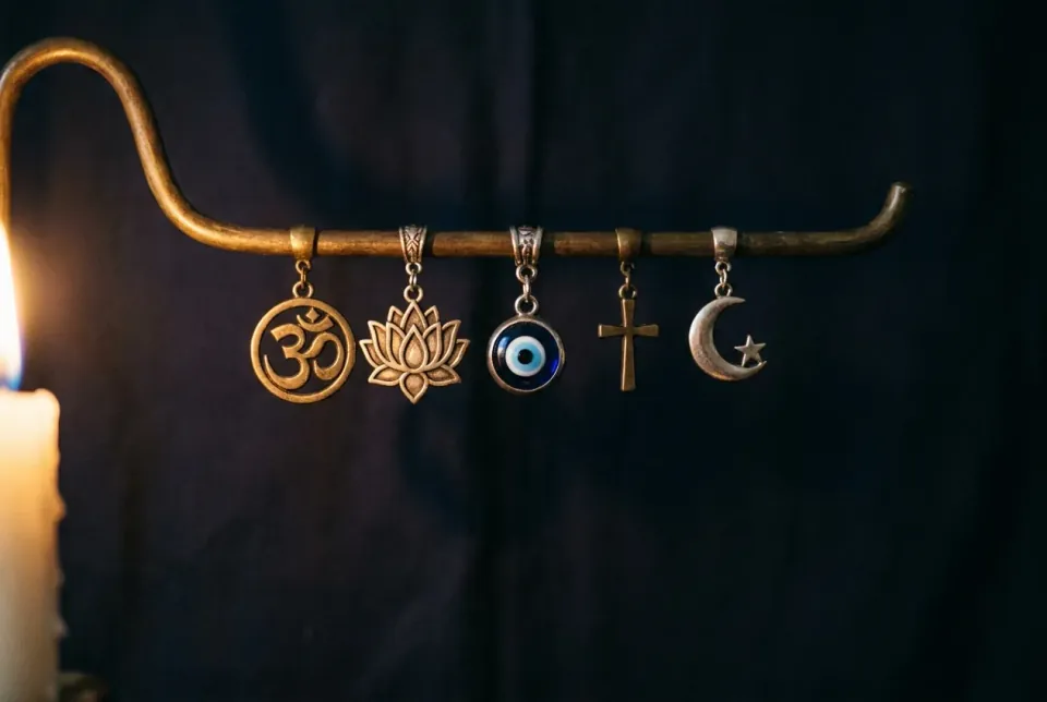 Om, lotus, evil eye, cross and crescent pendants hanging in a row from a brass rail