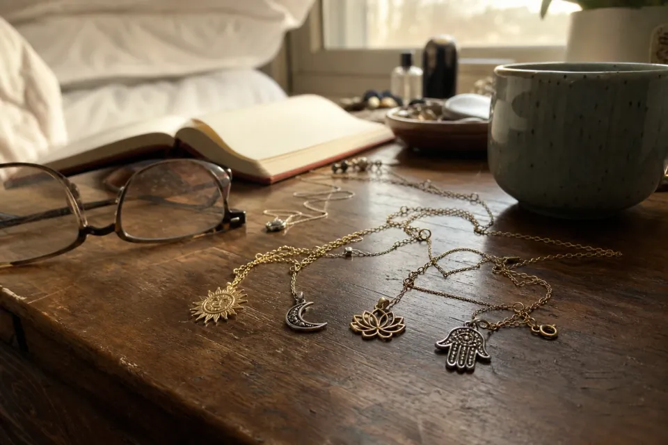 Collection of restrained sun, moon, lotus and star charms