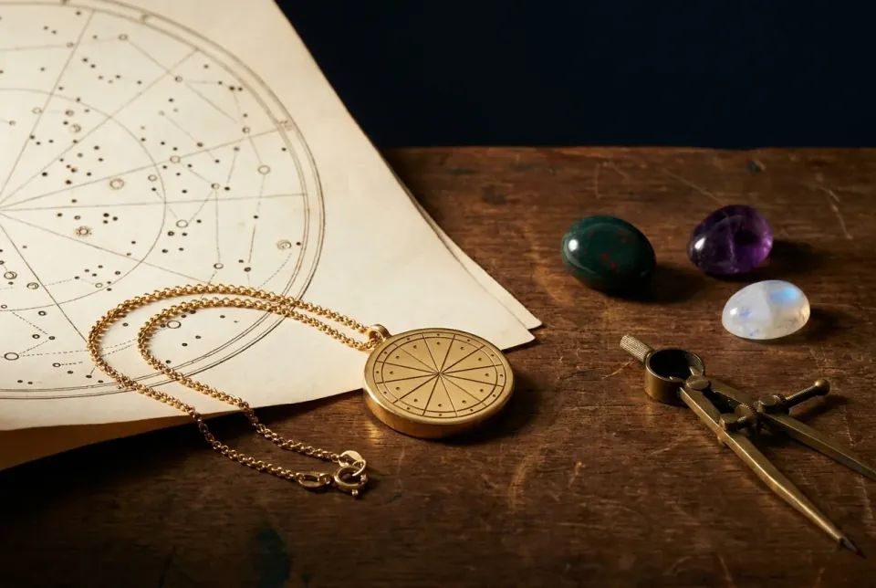 Gold zodiac-wheel pendant beside bloodstone, amethyst and moonstone cabochons on an old star chart