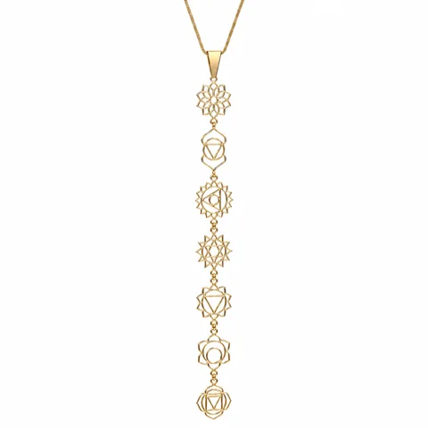 Gold-finish 7-Chakra Necklace with seven open-work symbols linked vertically